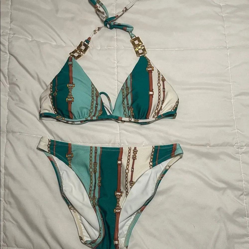 L'AGENCE Annabelle Triangle Bikini Top and Nicole bikini bottom in belt stripe